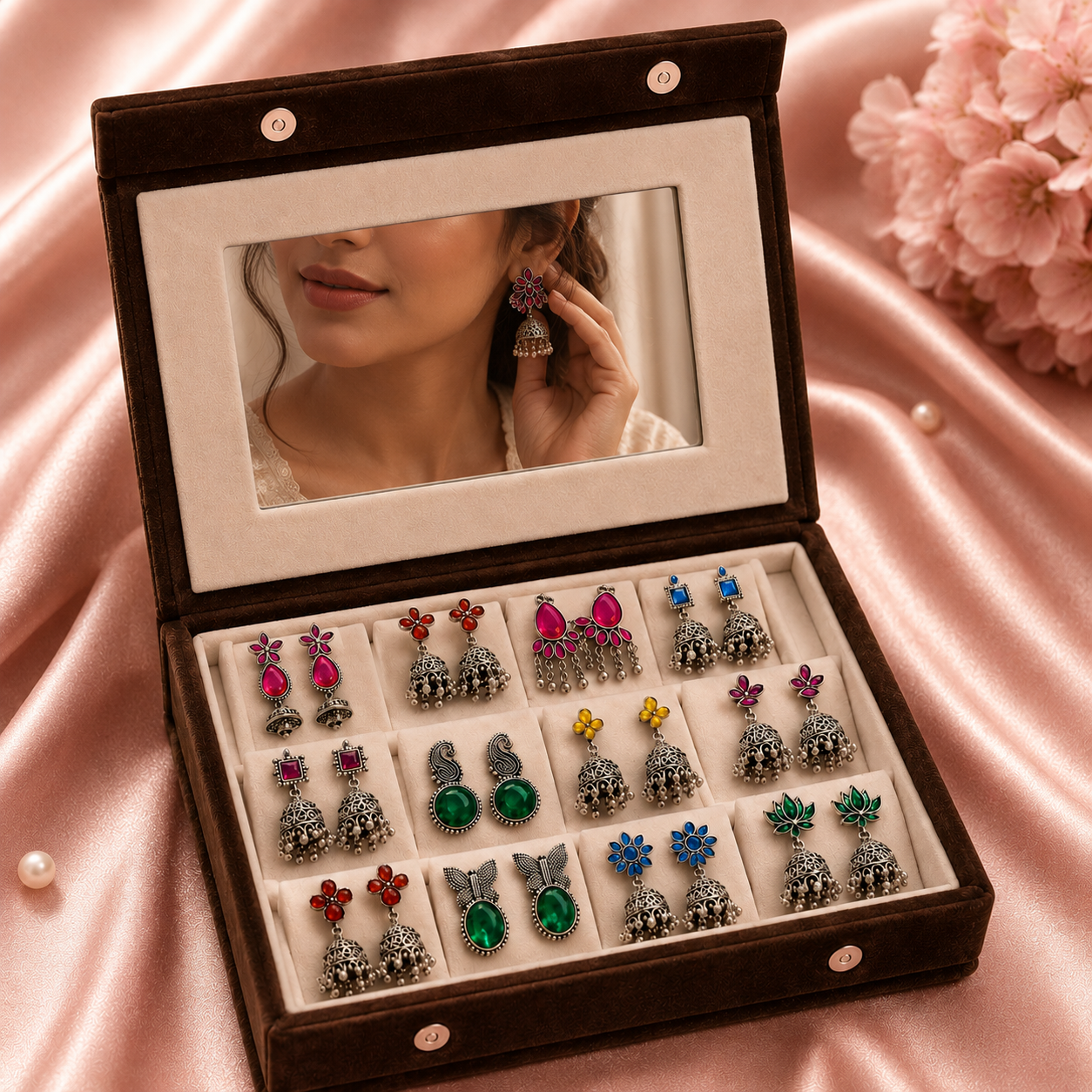 12 Designer Colorful Jhumkas Mirror Box