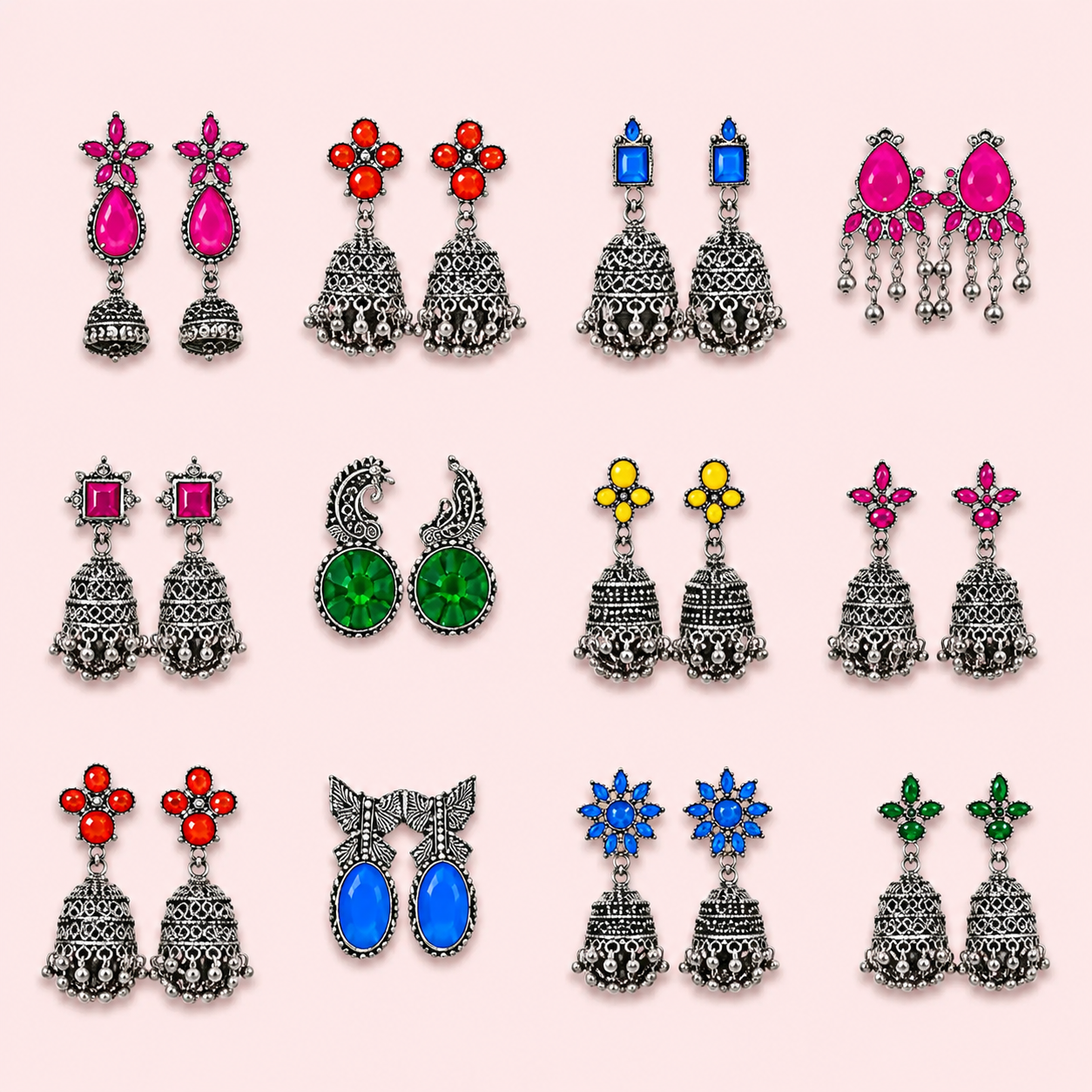 12 Designer Colorful Jhumkas Mirror Box