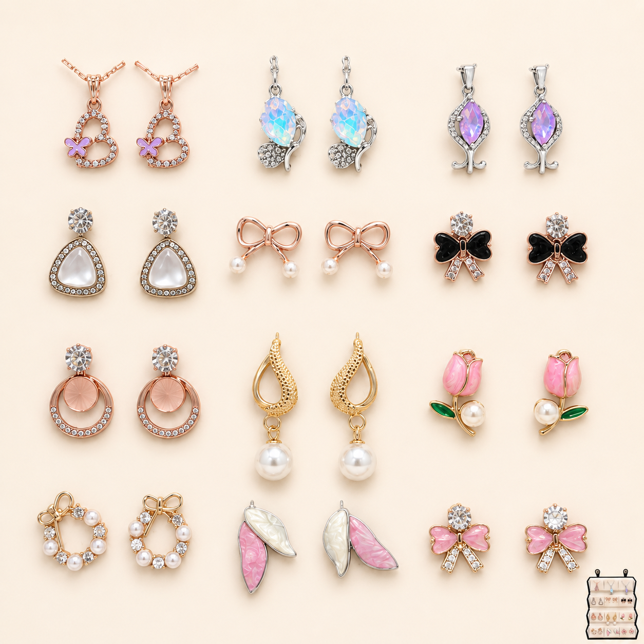 Set of 12 Stud Earrings with Pendants Box - 7