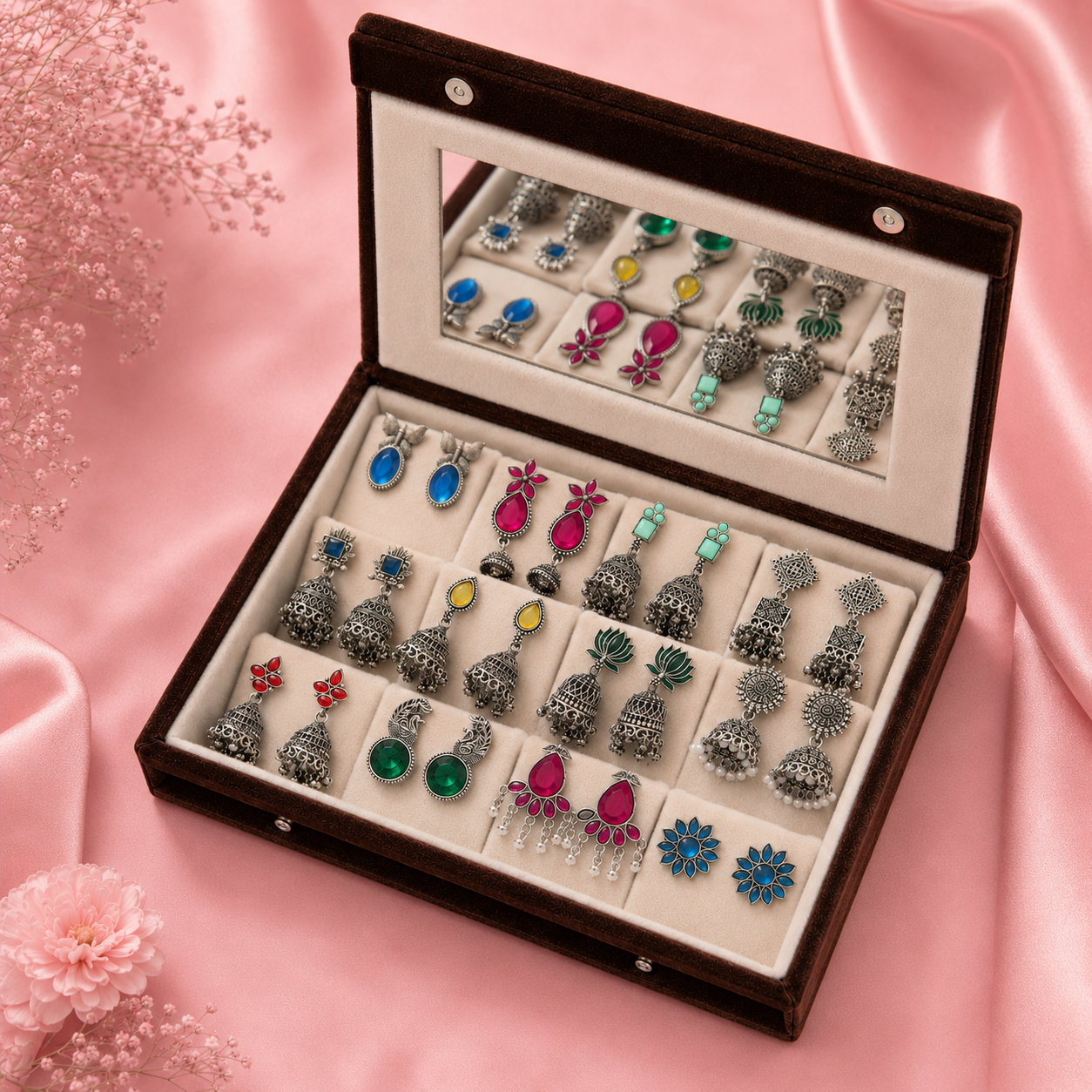 12 Designer Colorful Jhumkas Mirror Box