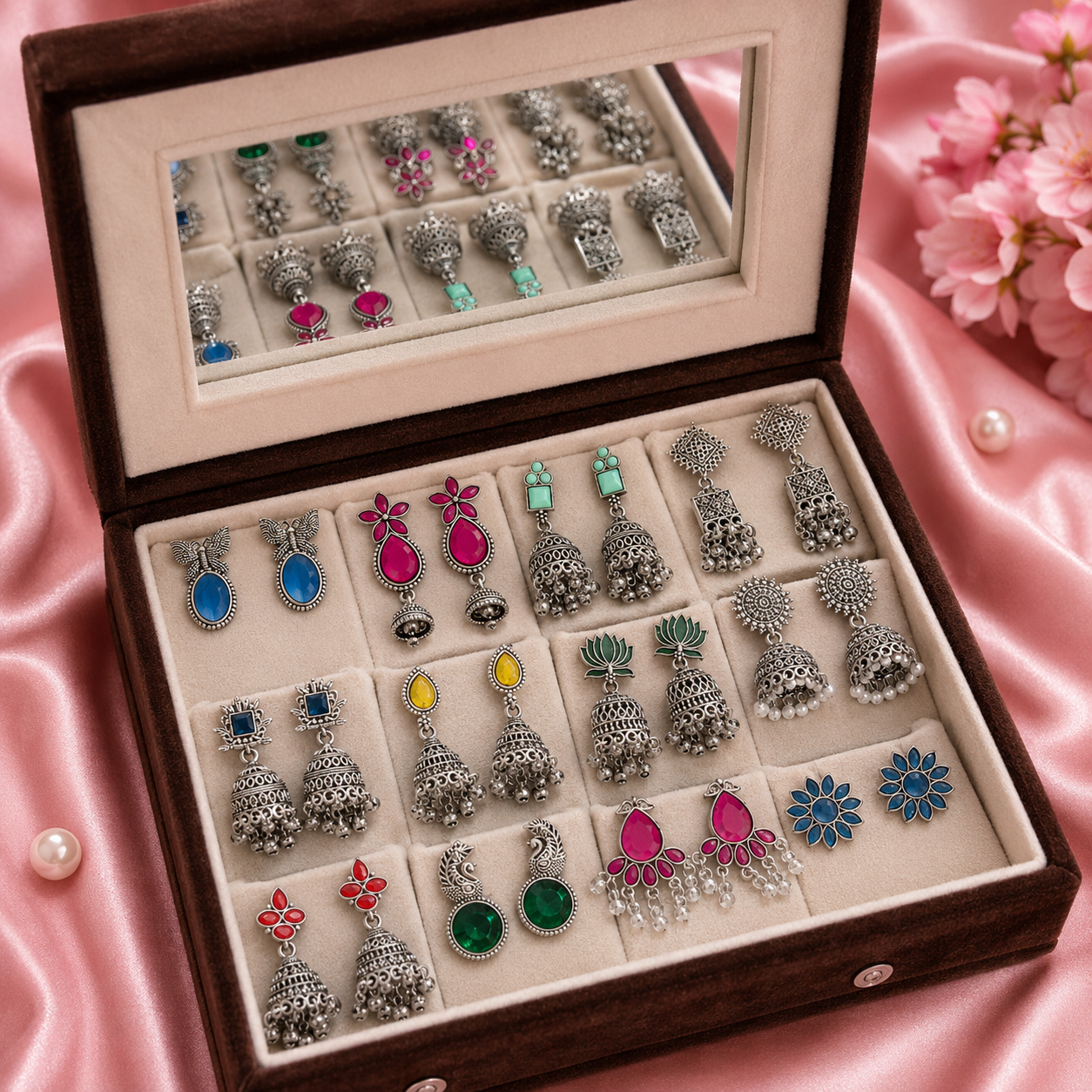 12 Designer Colorful Jhumkas Mirror Box