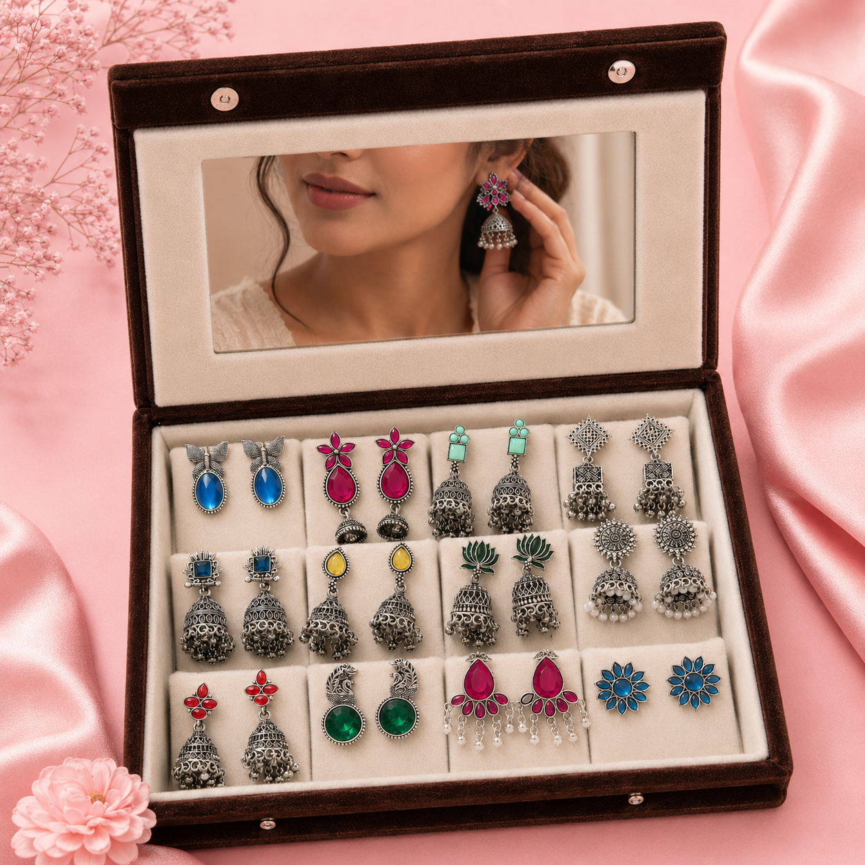 12 Designer Colorful Jhumkas Mirror Box